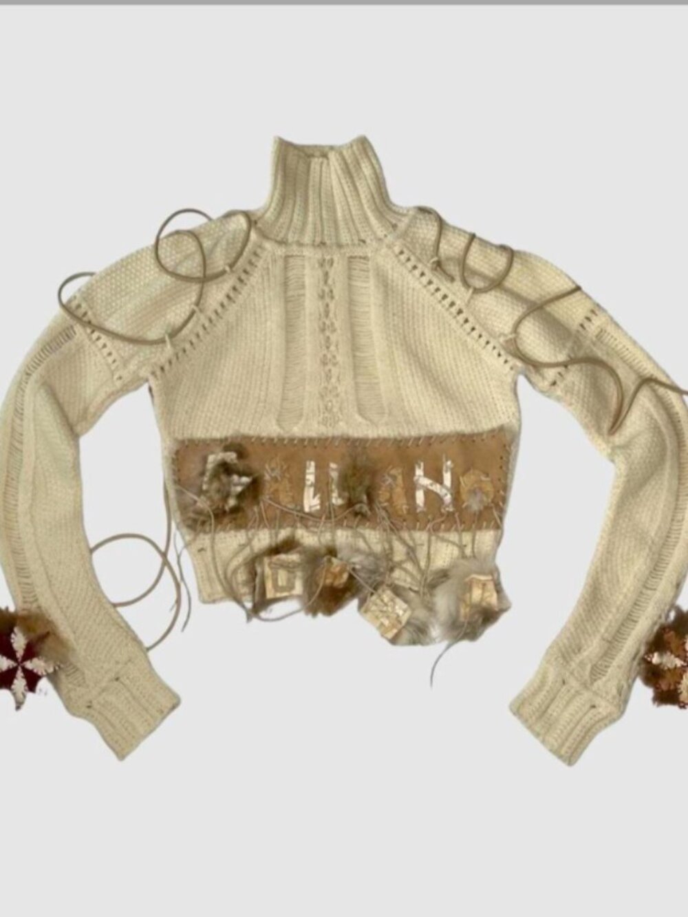 Vintage John Galliano Fur and Leather Lace up Sleeves Runway Sweater